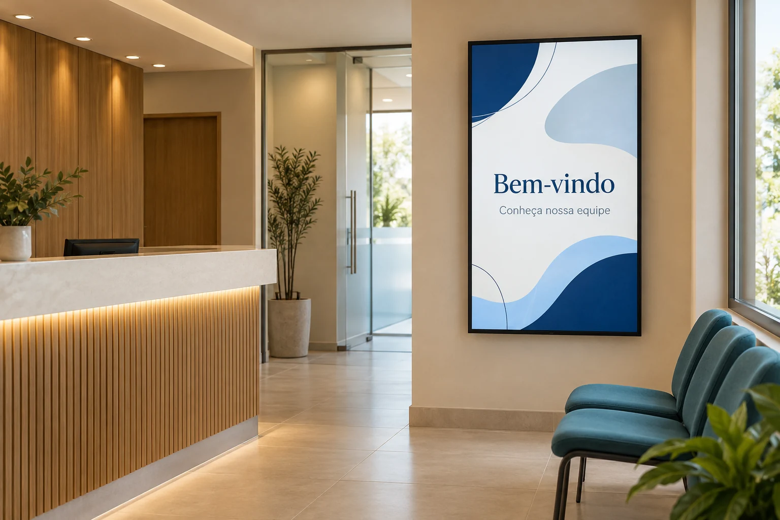Simulação de recepção de clínica com uma tela vertical de boas-vindas e apresentação da equipe